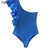 2022 Women Sexy Pleat Ruffles Single Shoulder Asymmetrical Slim Bodysuits Ladies Summer Chic Candy Colors Rompers