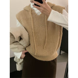 Autumn New Korean Women's Casual Solid Color Hooded Knitted Vest Loose-Fitting Short Sweater Vest-Outfit