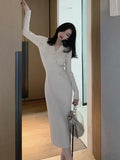 Sexy Long Sleeve V-Neck Knitted Sweater Dress Women Elegant Female Slim One Piece Dresses Korean Office Lady Autumn