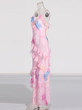 Seaside Holiday Wind V-Neck Suspension Dress 2025 New High-End Printed Lotus Leaf Side Design Long