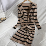 Korean Sweet Hit Color Patchwork Striped Spaghetti Strap Dress and V Neck Long Sleeve Cardigans 2 Pieces