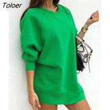 Hoodie Short Dress Women O-neck Long Sleeve Green Khaki Loose Long Sweatshirt Tops 2022 Autnmn Woman Clothing New