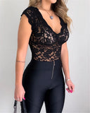 Women 2023 New V-neck Lace Tank Vest Top Outwear Summer Sleeveless Floral Hollow Out Bodycon Clubwear Black White Tank Vest-Outfit