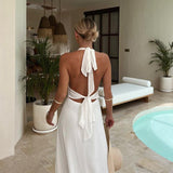 Women's New Hanging Neck V Tie Strap Bare Back Open Dress