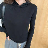 Hooded Solid Color Long-Sleeved T-Shirt Women's Early Autumn New Style Design Slim And Thin T-Shirt-Outfit