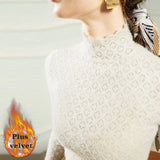 Lace Bottoming Shirt Women's 2022 Autumn And Winter Korean Plus Velvet Lace Sweater With Half-Collar Hollow Princess