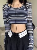 Contrast Striped Crochet Knit Crop Top-Outfit