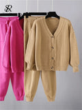Winter Fashion Knitted Two Pieces Suits V Neck Button Loose Cardigan+Pocket Drawstring Long Pant Women Sweater