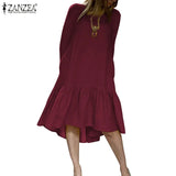 Dress Holiday Summer ZANZEA Short Sleeve Sundress Solid Casual Kaftan Ruffles Loose Vestidos Pockets O-Neck Robe