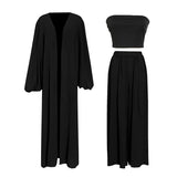 Loose Minimalist Three Piece Set For Women Slim Vest Lantern Long Sleeve Coat Wide Leg Pants Casual Sets Female