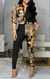 Classic Print Retro Knotted Blouse and Pants
