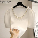 Sweaters 2023 Women Clothes V-neck Beading Pullover Fashion Korean Woman Puff Sleeve Sweater Elegant Tops Pull