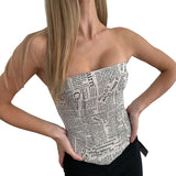 Women Off Shoulder Crop Tops Summer Clothes Slim Vest Newspaper Letter Wrap Chest Breathable Tees Sexy Club y2k Streetwear-Outfit