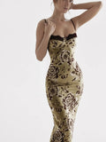 Women's Summer Vintage Floral Print Lace Trim Spaghetti Strap Sleeveless Fashion Backless Midi Sling Bodycon Dress-Outfit
