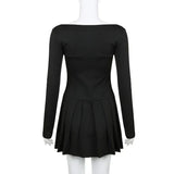 Women Sweet Lace Trim Bow Pleated Dress Mini Coquette Korean Fashion Square Neck Autumn Dress Clothes Kawaii Lolita-Outfit