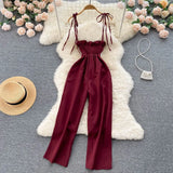 French Style Sexy Women Dress Summer 2022 Elastic Waist Pocket Temperament Elegant Solid Wide Leg Pants