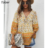 Boho Floral Print Holiday Women Shirt Tops Lace-up V-Neck Lantern Sleeve Loose Vestidos Vintage Casual Spring