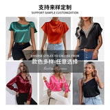 Women's Dress Solid Color Satin Short-Sleeved Shirt With Shoulder Collar Short-Sleeved Shirt Satin Shirt-Outfit