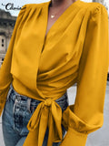 Casual Lantern Sleeve Blouses 2022 Fashion V Neck Short Wrap Shirts Celmia Elegant Bandage Pleated Street Tops