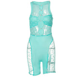 Mesh Patchwork Sexy Romper Women Sleeveless See Through Bodycon Playsuit Casual Streetwear Activewear Workout Y2K