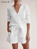 Solid Pocket Cotton Women 2 Piece Set V-Neck Long Sleeve Shirt And Drawstring Wide Leg Shorts White Two Peice