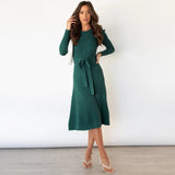Puff Sleeve Solid Color Dress Round Neck High Waist Lace Temperament Thinner Knitted Base Sweater A-Line