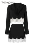 TWOTWINSTYLE Patchwork Chain Tassel Hem Two Piece Set Womens V Neck Long Sleeve Tops High Waist Mini Skirt Solid Sets Female