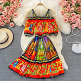 Boho Summer Dress Woman Off Shoulder Spaghetti Strap Puff Sleeve Elastic High Waist Flower Print Party Dress
