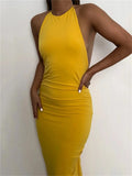 Women Halter Tie-up Backless Long Dress Slim Fit Solid Ruched Summer Party Dress Sleeveless Off Shoulder Vestido 2023-Outfit