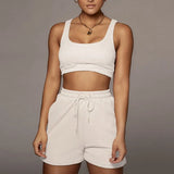 Solid Sportswear Two Piece Sets Women 2021 Crop Top And Drawstring Shorts Matching Set Summer Athleisure
