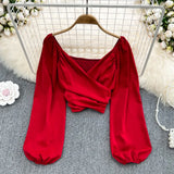 Fashion V-Neck Folded Collared Collared Collared Long-Sleeved Sleeve Cover Female Chic Short-Term Navel