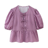 New Bubble Cuff Lace-Up Solid Color Short Blouse 1213835-Outfit