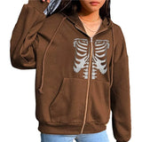 Women Y2K Zip Up Hooded Sweatshirt Skeleton Graphic Hoodie Vintage 90s E-Girl Harajuku Goth Aesthetic Shirt with