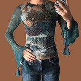 Vintage Fairy Grunge Crop Top Flare Sleeve Autumn Spring Female T-shirt Y2K Graphic Print Kawaii Tee Shirt Women
