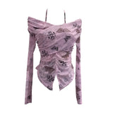 Shot Shoulder Strap Hanging Neck Pure Lust Wind Long-Sleeved T-Shirt Repair Cross-Folded Open Fork Short Top
