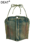 Women's Denim Tank Tops Tie-dye Retro Strapless Lace-up Slim Zipper Off Waist Short Camis 2024 Summernew Fashion 29L3415-Outfit