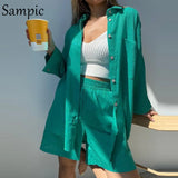 Casual Lounge Wear Summer Green Tracksuit Women Shorts Set Short Sleeve Shirt Tops And Loose Mini Shorts Two Piece