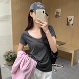Solid Color U-Collar Short-Sleeved T-Shirt Women's Spring And Summer New Elastic Leisure Slim And Skinny Bottomed Blouse-Outfit