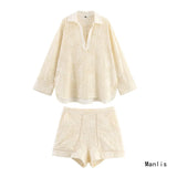 Fengxia New Women's Hollow Embroidery Shirt 4786105 Bermuda Shorts