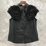 White Fold Pleated Shirt For Women Peter Pan Collar Sleeveless Solid Minimalist Button Through Blouse Female