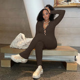 Sisterlinda Autumn Yarn Farbic Women Patchwork Jumpsuits Long Sleeve Single Breasted One Piece Playsuits Female Matching