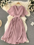 Women's Dress Temperament French Pleated Slim Long Vacation Style Chiffon Pleated Skirt Solid Color V-neck Women's