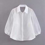 Dot Embroidery Women Organza Blouse 2021 Lantren Sleeve Black See Through Chic Top Casual Turn Down Collar Shirt
