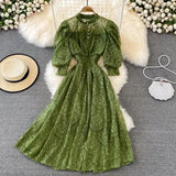 Vintage Women Lace Dress Spring Summer Elegant Stand Collar Puff Sleeve High Waist Party Vestidos Female Runway Robe 2022