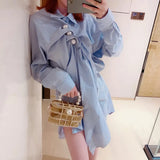 Casual Patchwork Pearl Dress For Women Lapel Long Sleeve Irregular Striped Shirt Dresses Female Fashion New