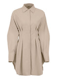 Pleated Womens Blue Dress Long Sleeve Spring Summer Bodycon Shirts Dress Office Ladies Turn Down Collar Mini