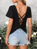 And Summer New Loose V-Neck Back Hollow Cross-With Short-Sleeved
