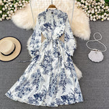 Casual Ink Painting Gathered Waist Cotton Dress Women Round Neck Long Sleeve Vintage Print High Waist Mid Calf