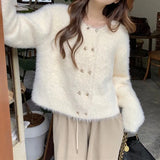 Mink Velvet Knitted Cardigan Girl 2024 Spring And Autumn New Korean Version Loose Soft Waxy Temperament Pure Color Sweater Coat Trend-Outfit