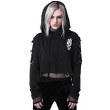 InsGoth Women Gothic Cropped Hoodies Sweatshirts Skull Printed Black Loose Short Hoodies Mesh Patchwork Female Streetwear
